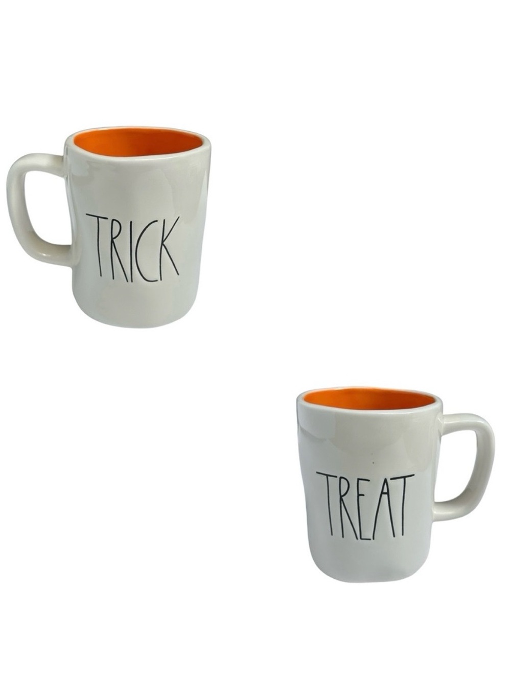Rae Dunn TRICK TREAT Halloween Mug Double Side White Orange Interior New 2017 OG